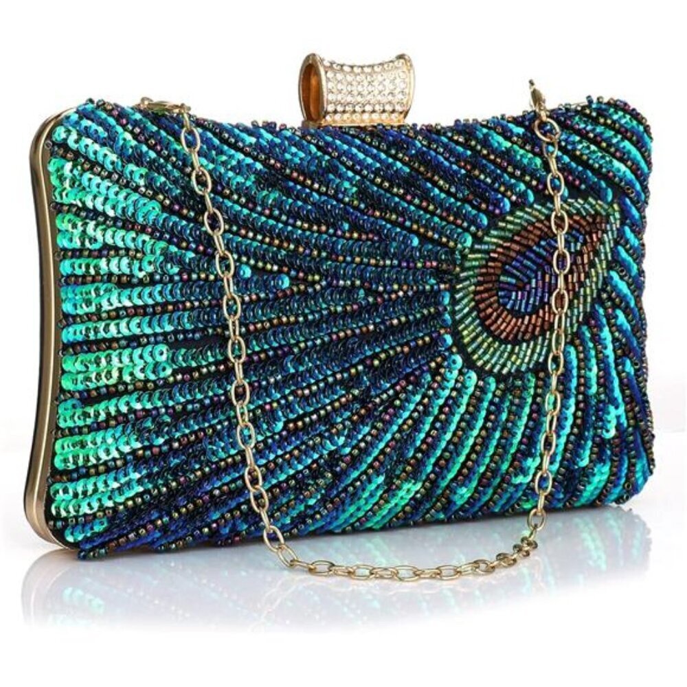 Evening Bag Clutch Purses for Women Beaded Sequin Peacock Party Handbag Wedding